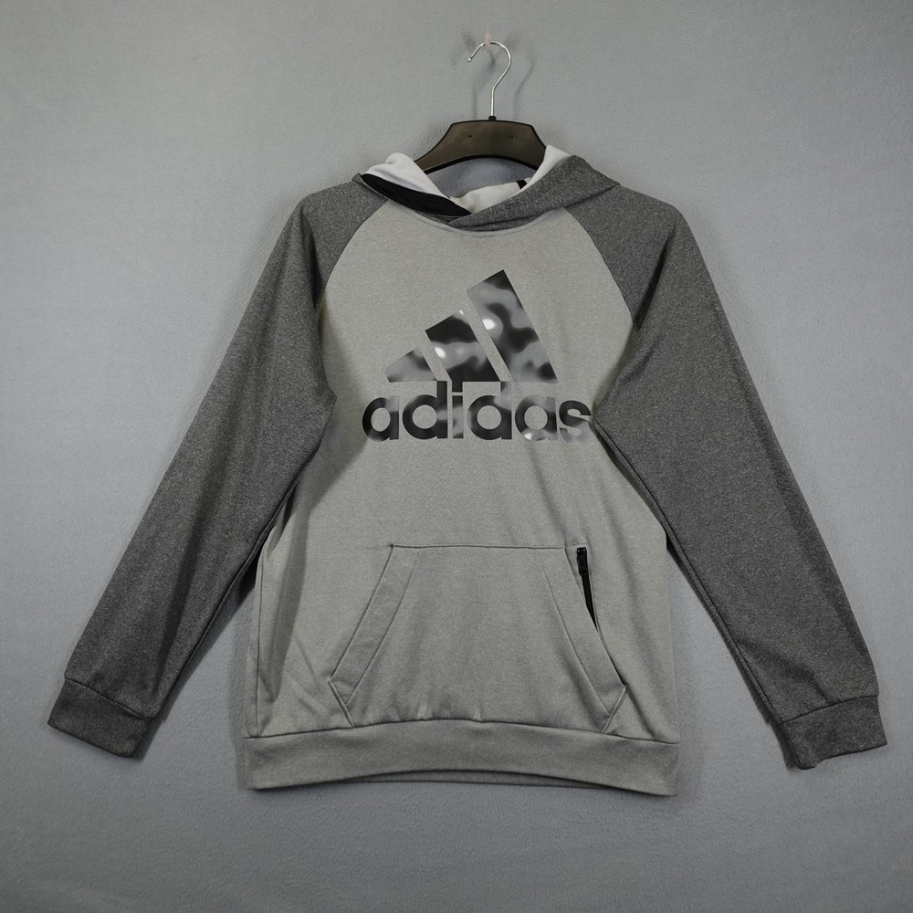 Adidas Hoodie Mens M Gray Training Raglan Sleeve Logo Fleece Active Gym Pullover